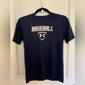 Boys size L Navy Blue baseball Underarmor Heat Gear tee.